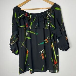 Worthington Petite PL Black Tropical Floral off the Shoulder Ruffled Blouse Top